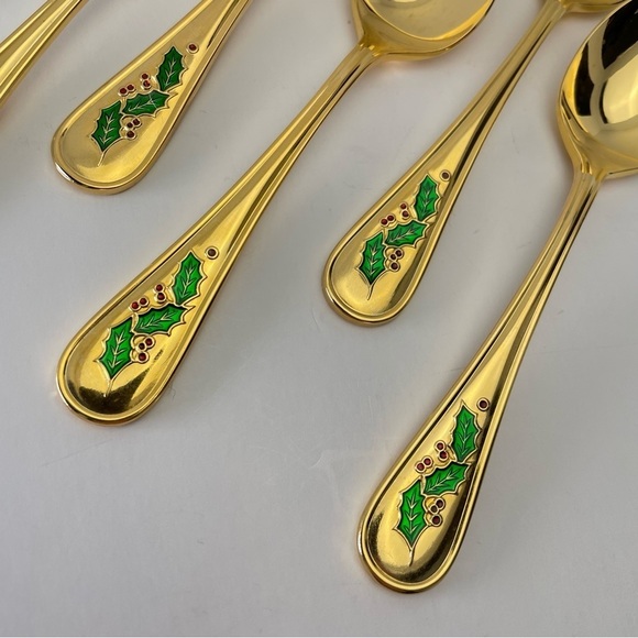 Retroneu Japan 24 k gold plated Spoons desert/appetizer Christmas Holly Design - Picture 9 of 14